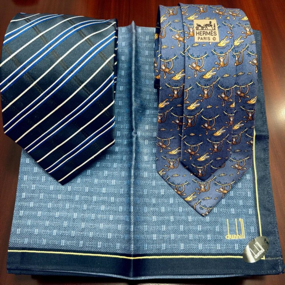 Set Necktie Silk : Hermes Paris & Flamboyant Blue +Dunhill Handkerchief  19"(47)